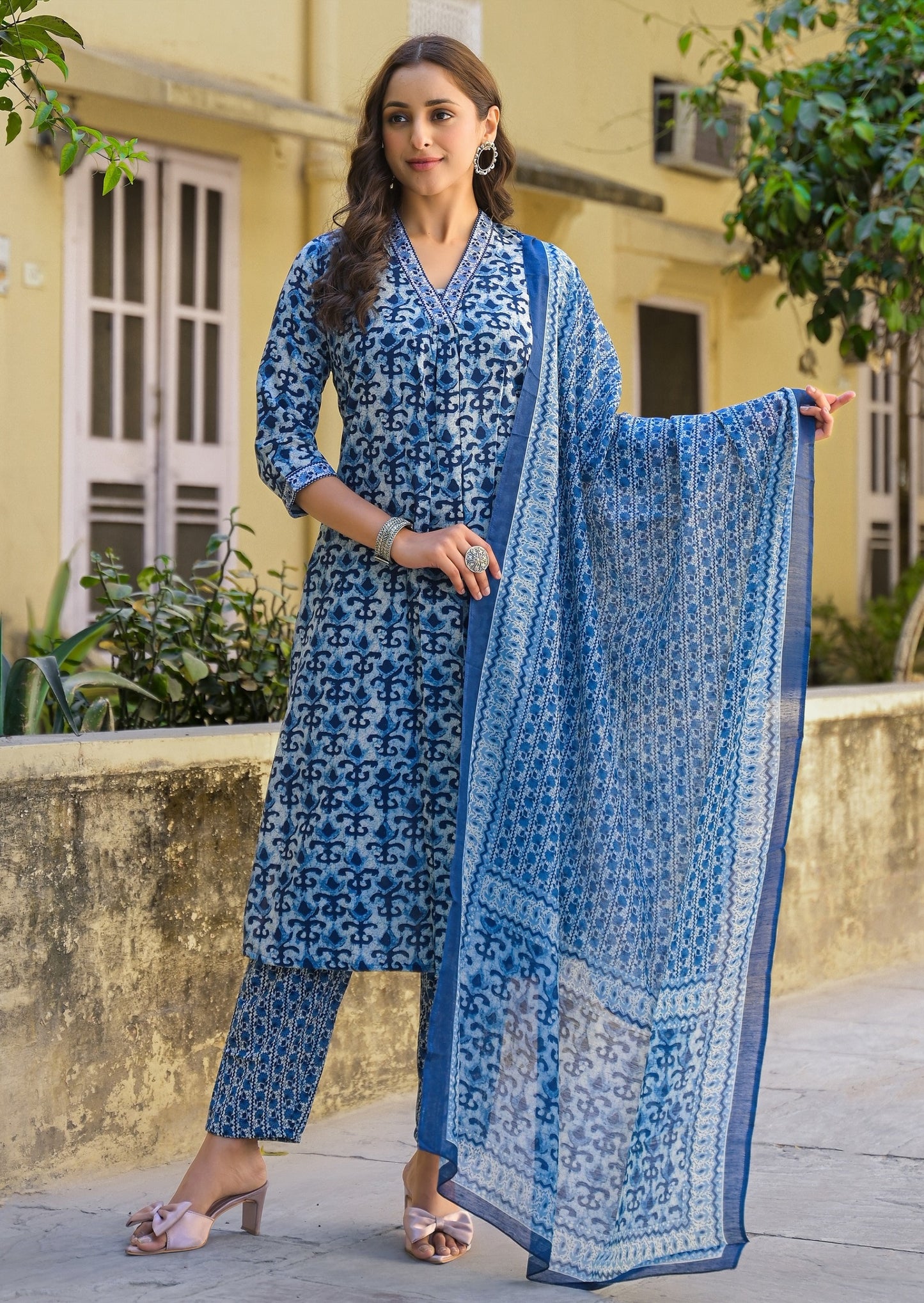 Blue A-Line Kurta And Pant Set With Dupatta