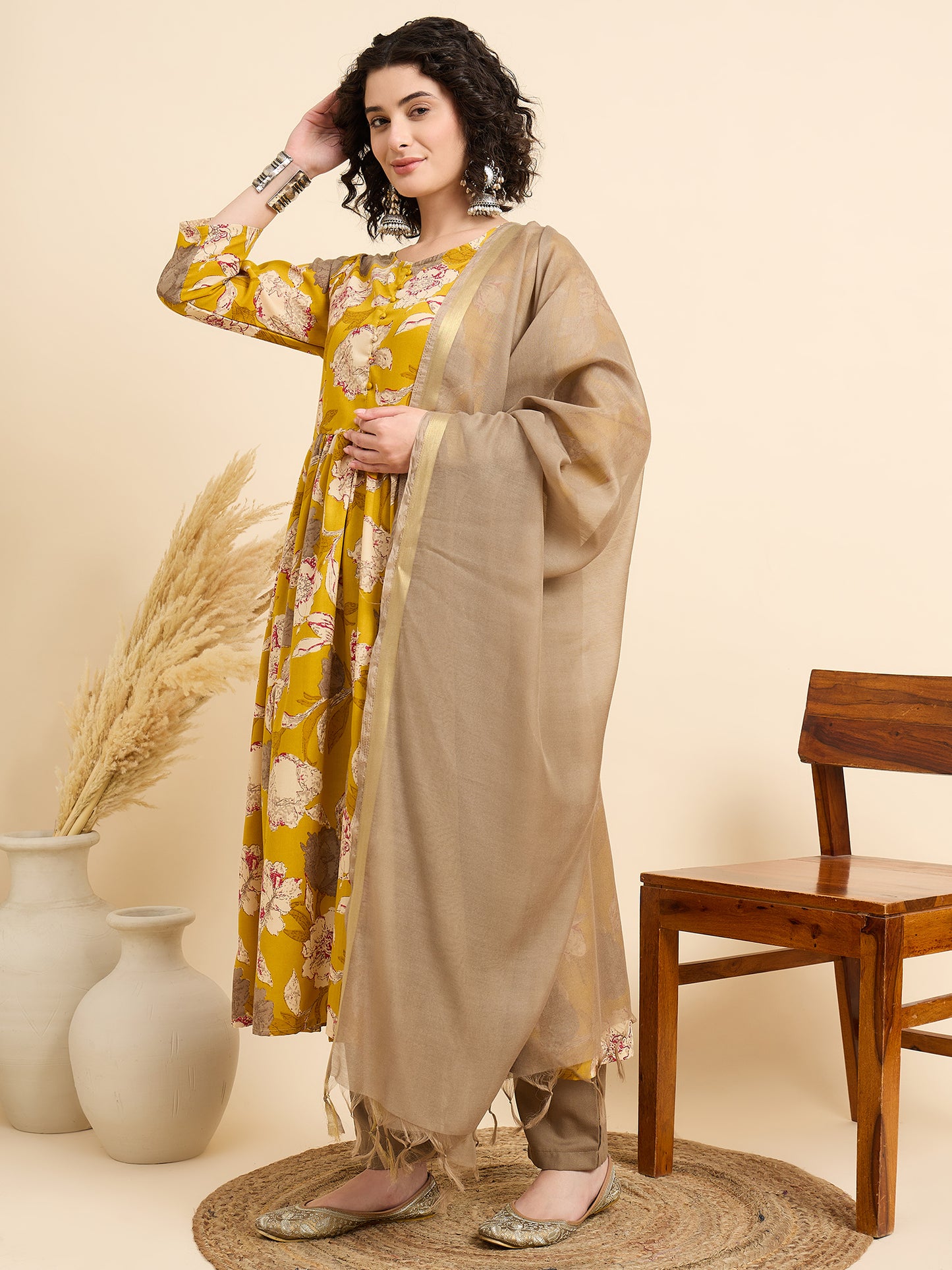 Yellow Anarkali Kurta And Pant Set With Dupatta
