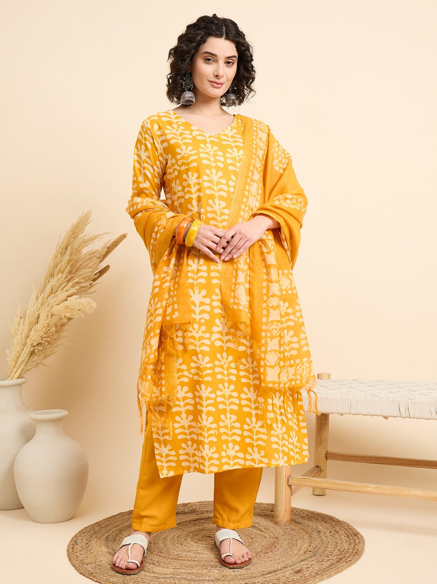 Yellow Straight Kurta And Pant Set With Dupatta
