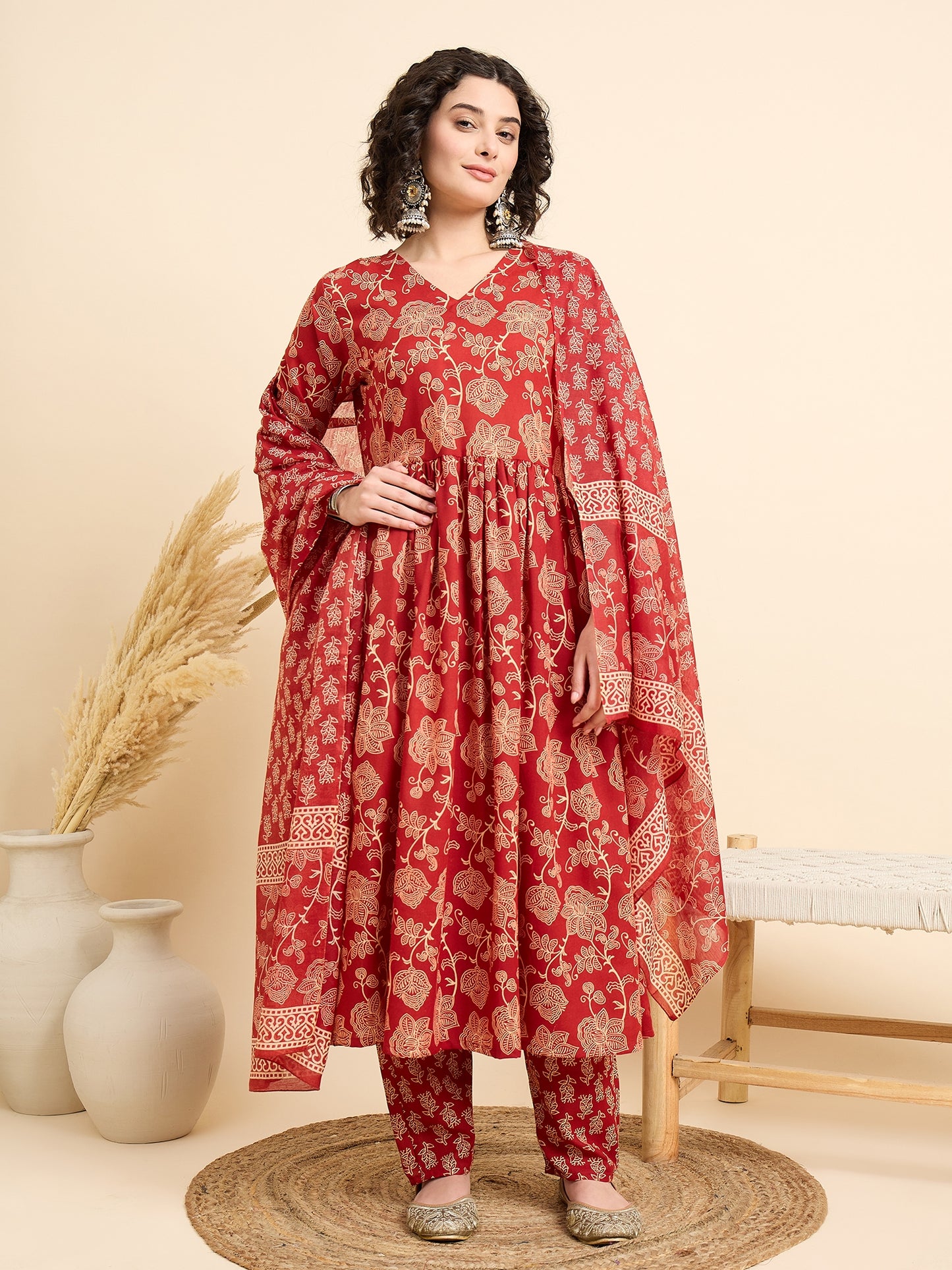 Red Anarkali Kurta And Pant Set With Dupatta