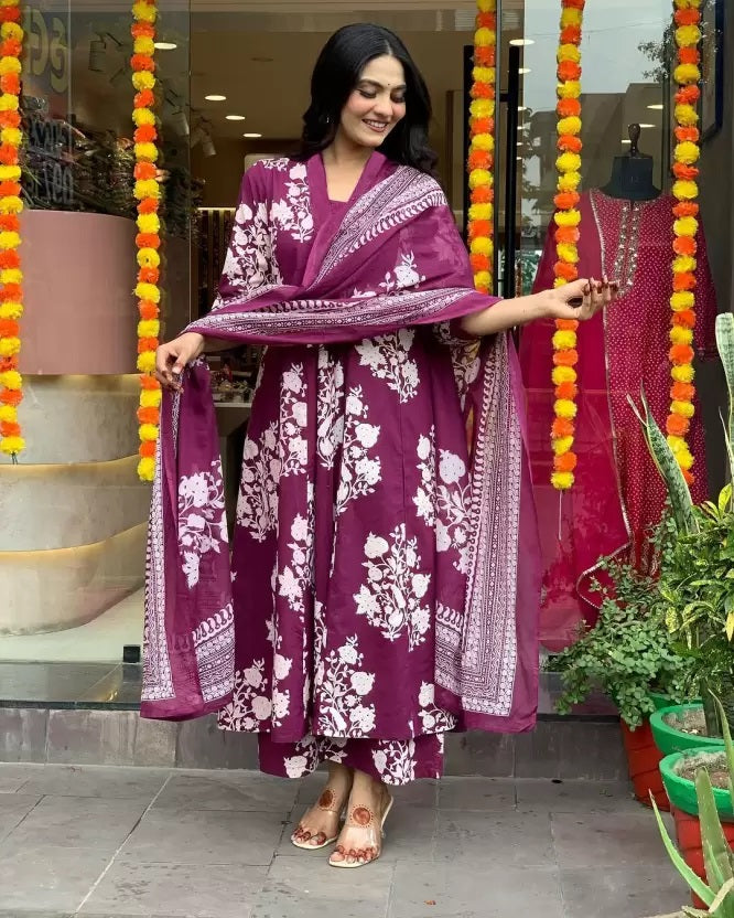 Purple Straight Kurta And Pant Set With Dupatta
