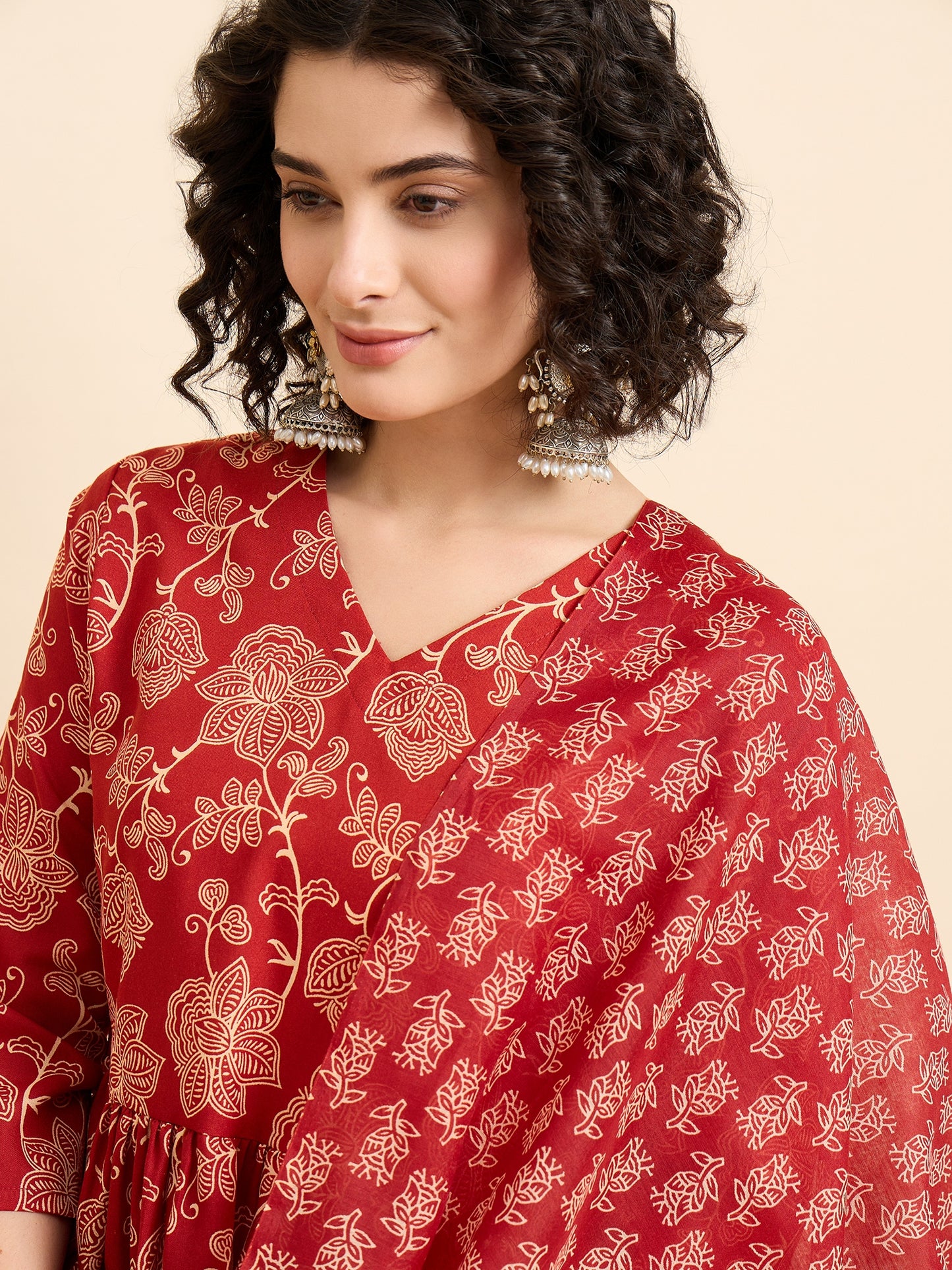 Red Anarkali Kurta And Pant Set With Dupatta