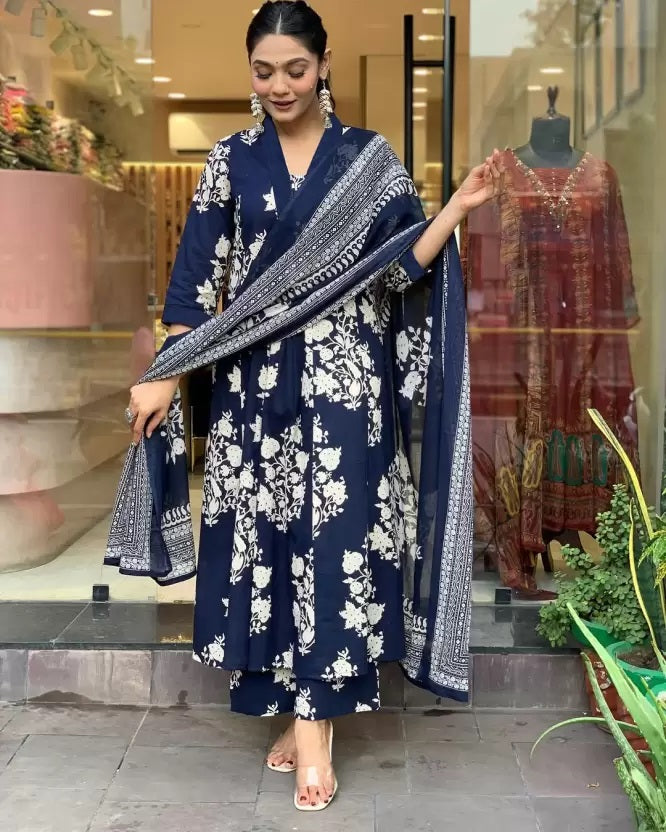Blue Straight Kurta And Pant Set With Dupatta