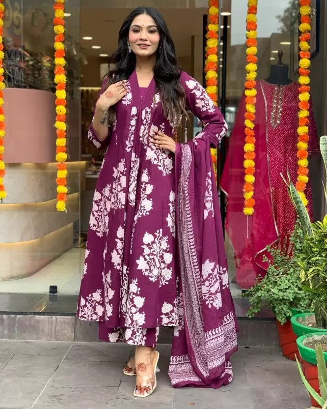 Purple Straight Kurta And Pant Set With Dupatta