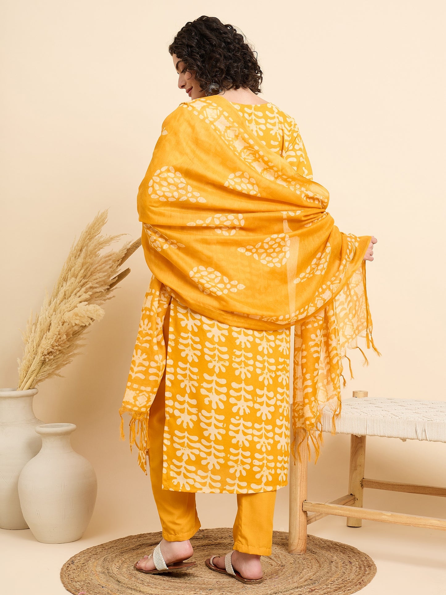 Yellow Straight Kurta And Pant Set With Dupatta