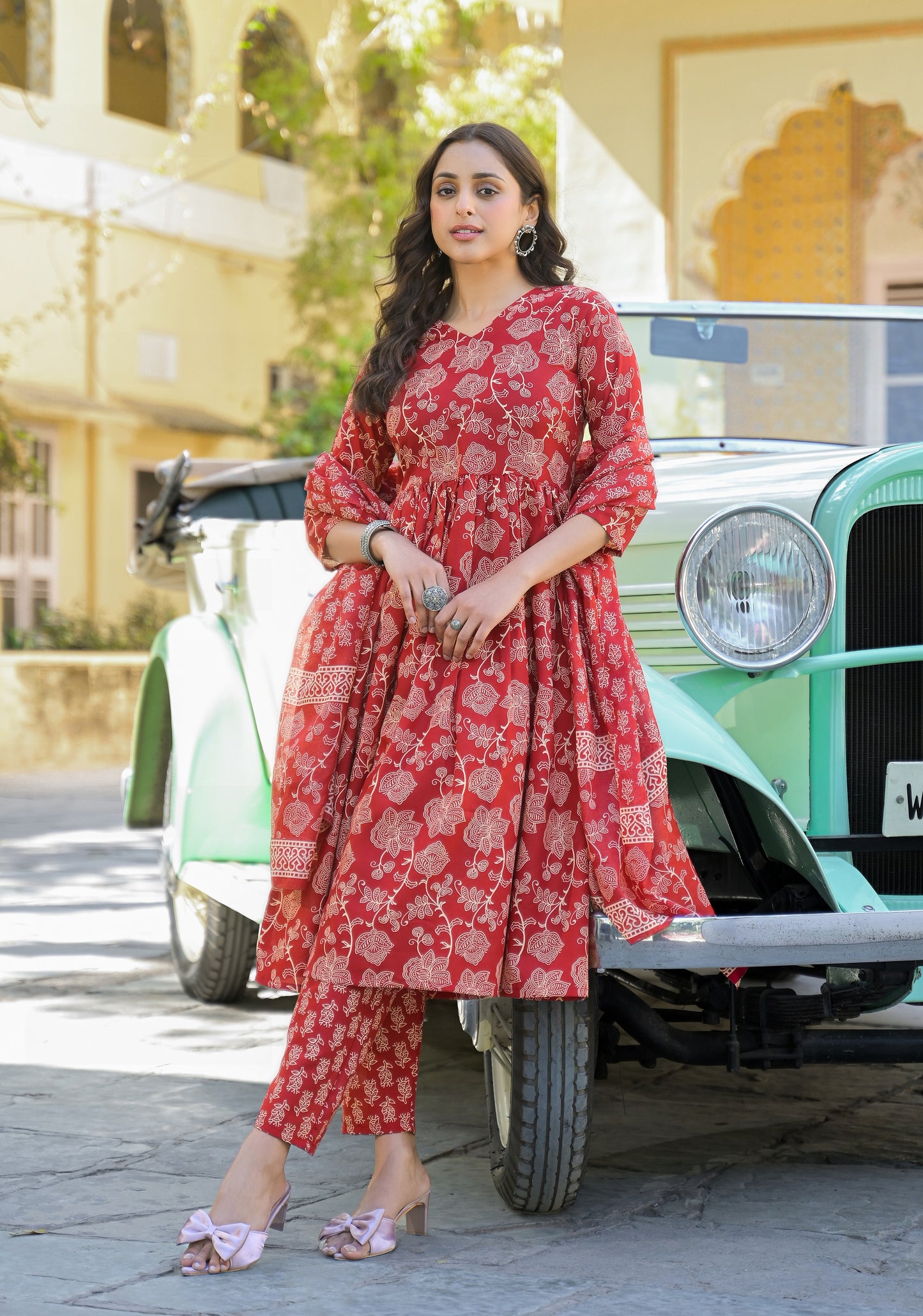 Red Anarkali Kurta And Pant Set With Dupatta