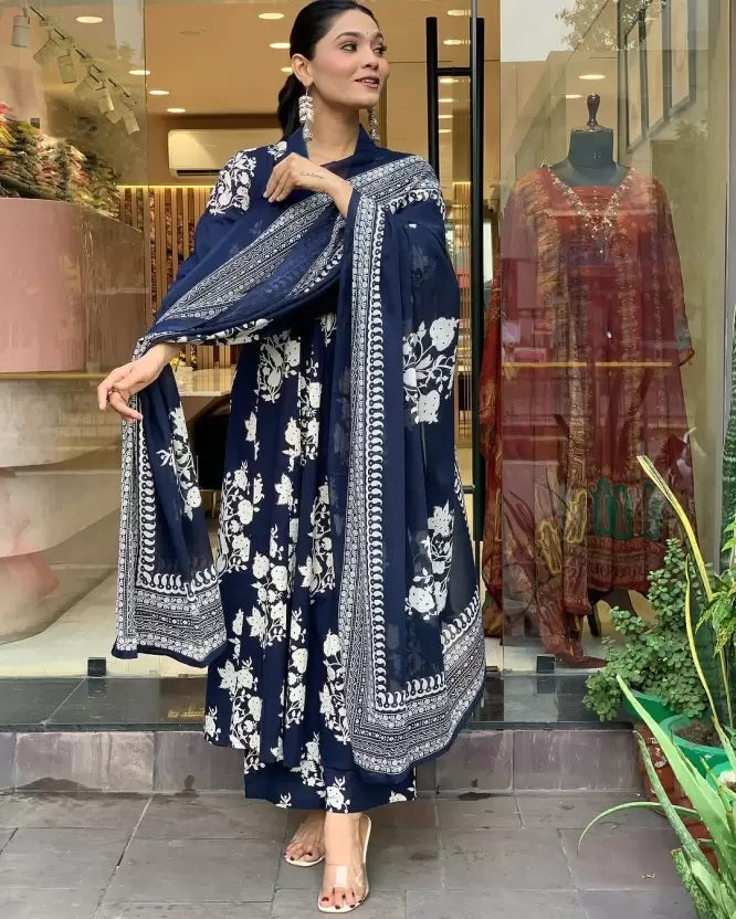 Blue Straight Kurta And Pant Set With Dupatta