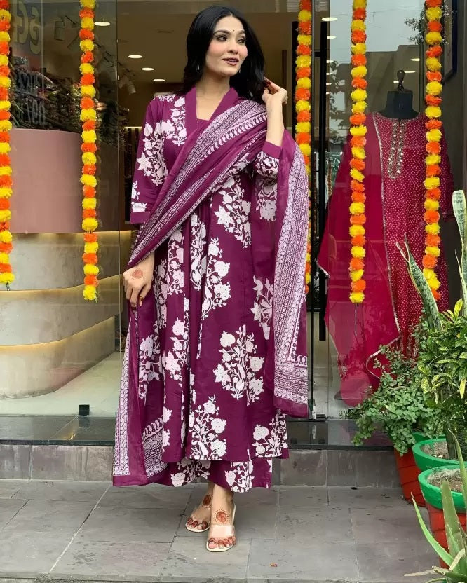 Purple Straight Kurta And Pant Set With Dupatta