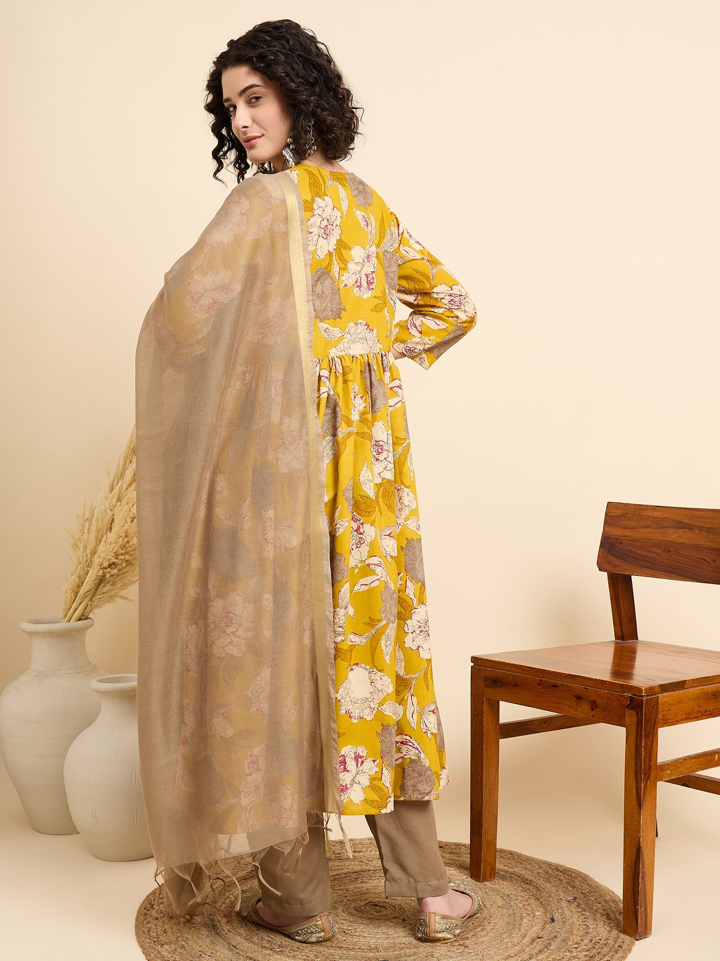 Yellow Anarkali Kurta And Pant Set With Dupatta
