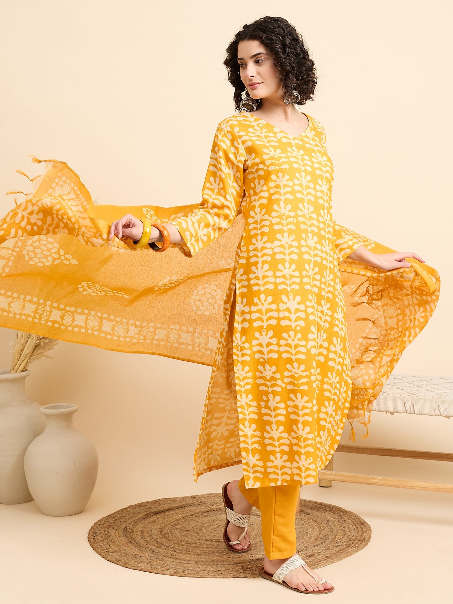 Yellow Straight Kurta And Pant Set With Dupatta