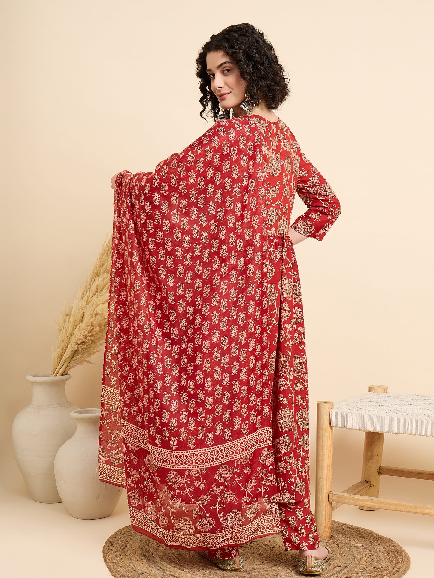 Red Anarkali Kurta And Pant Set With Dupatta