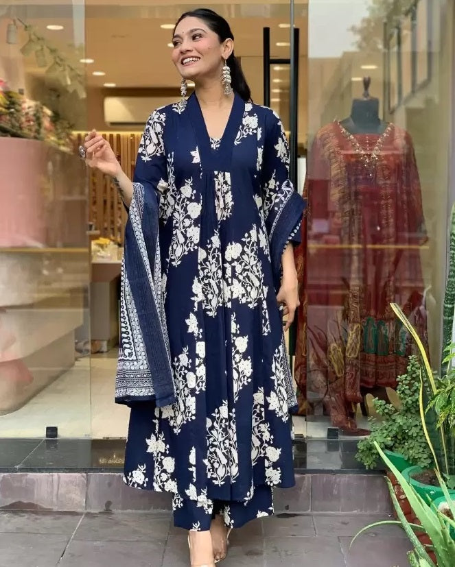 Blue Straight Kurta And Pant Set With Dupatta