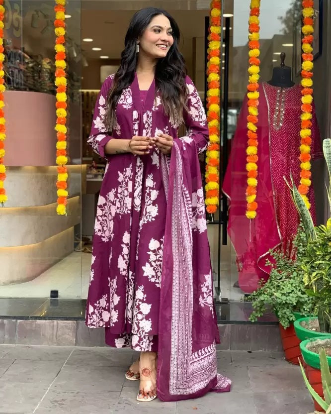 Purple Straight Kurta And Pant Set With Dupatta