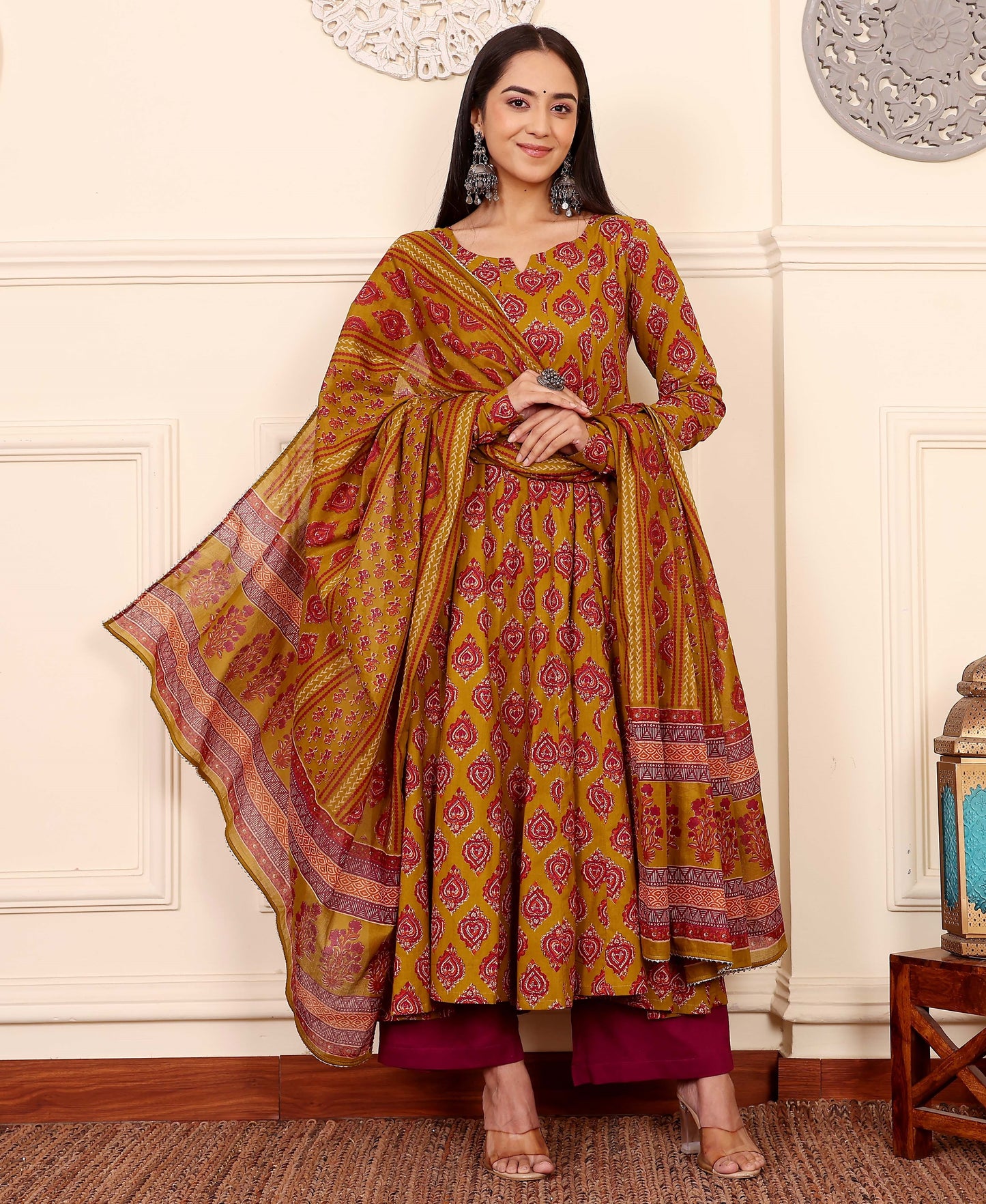 Yellow Anarkali Kurta And Pant Set With Dupatta