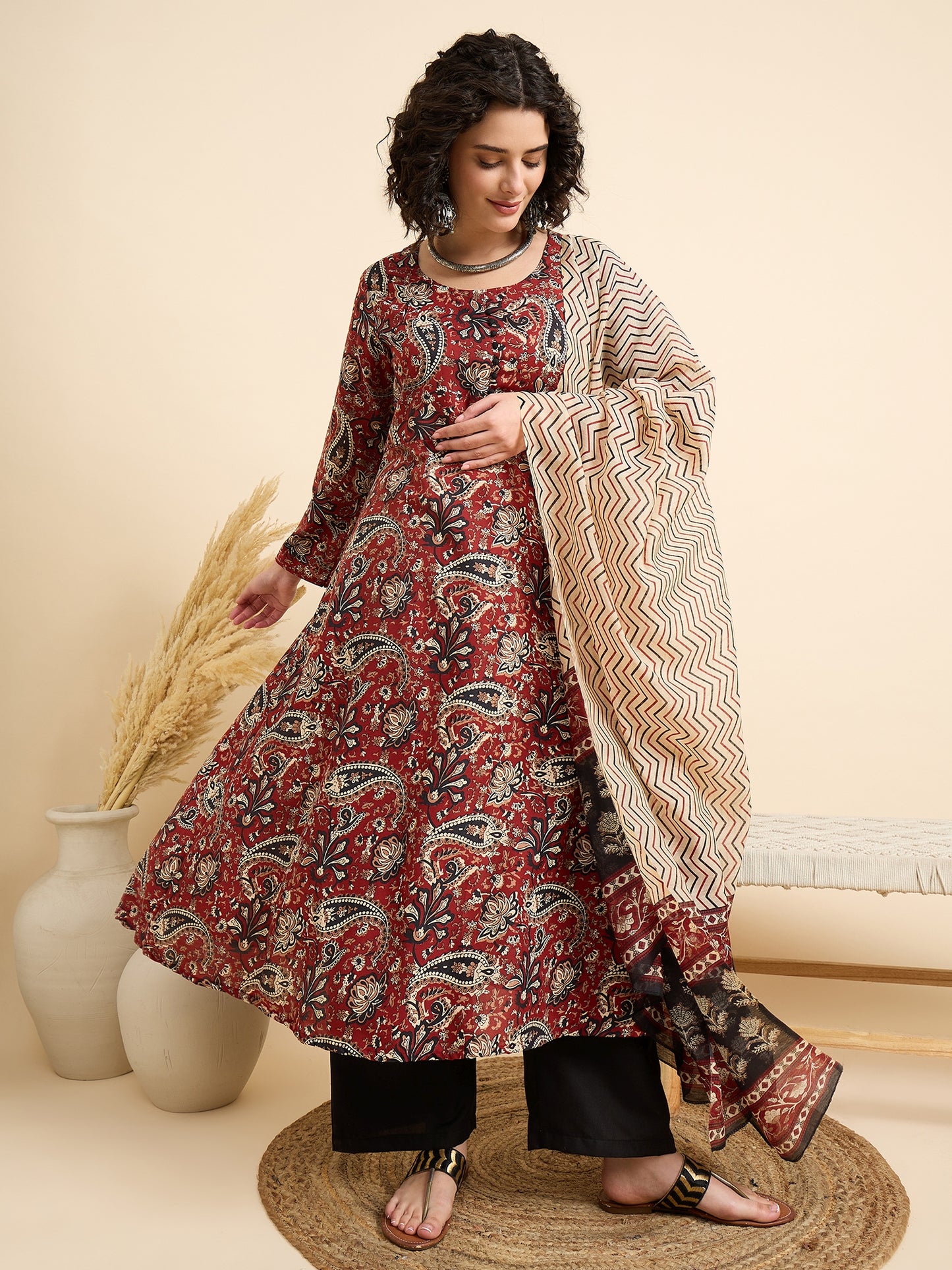 Maroon Anarkali Kurta And Pant Set With Dupatta
