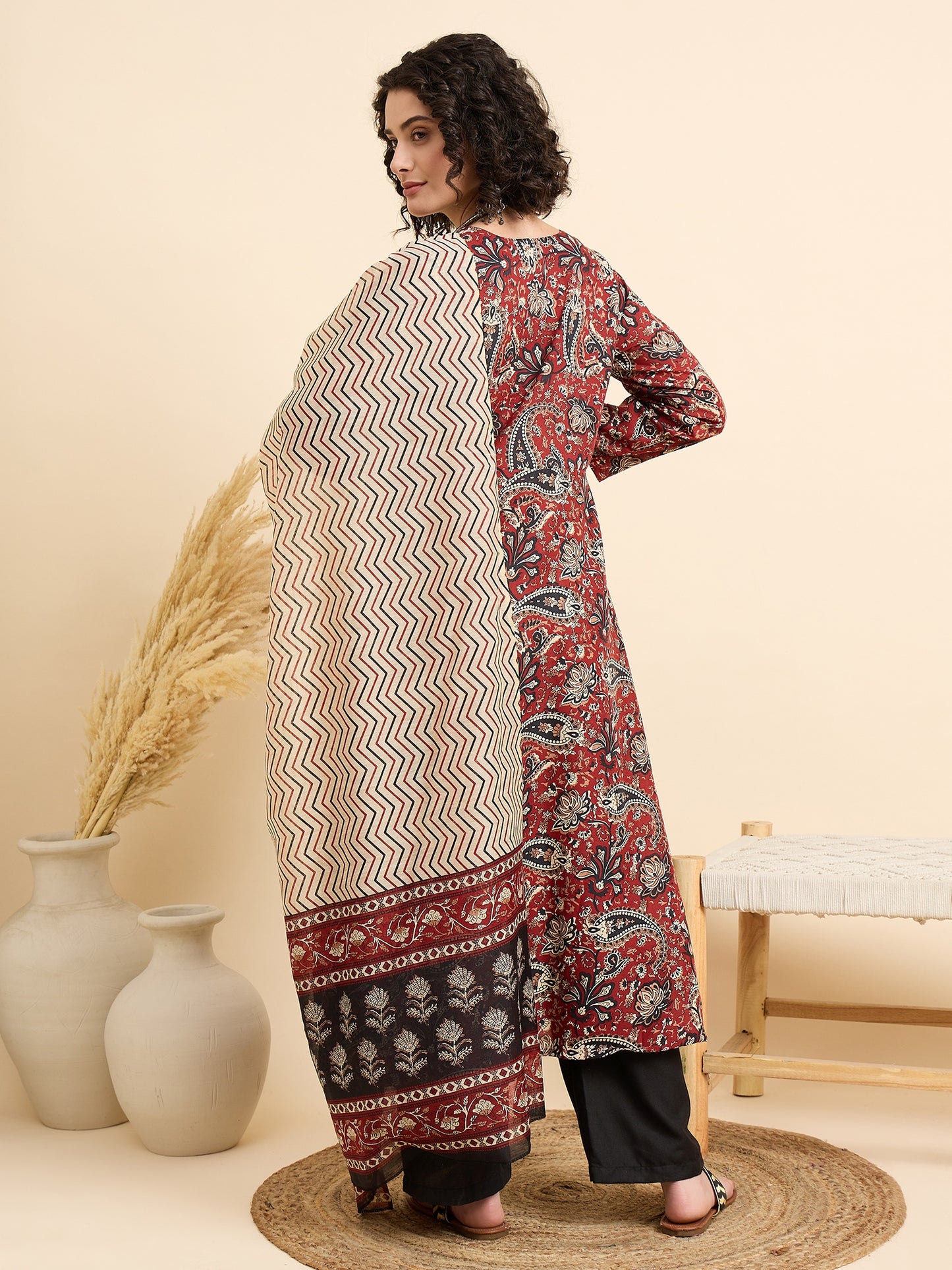 Maroon Anarkali Kurta And Pant Set With Dupatta
