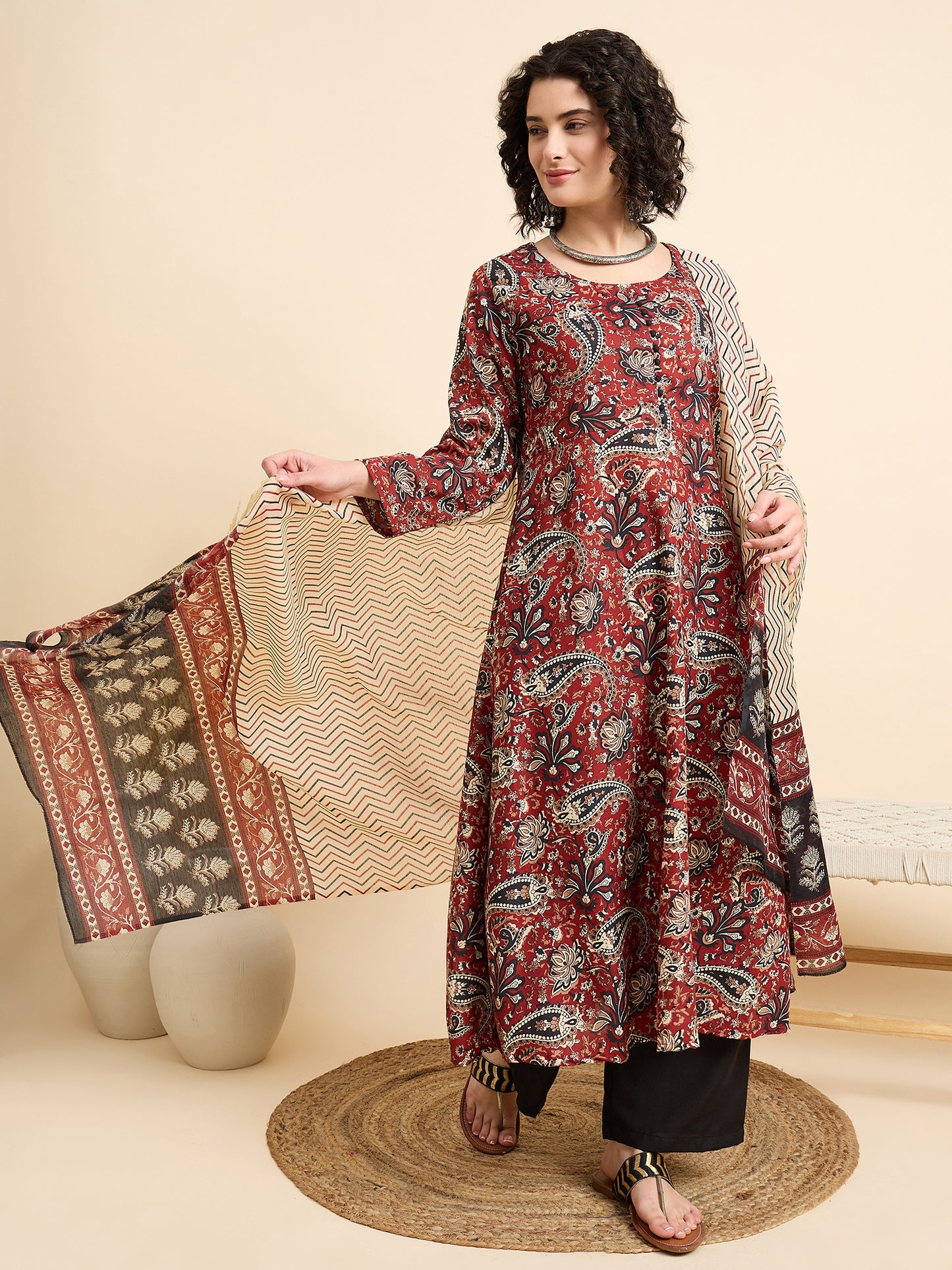 Maroon Anarkali Kurta And Pant Set With Dupatta