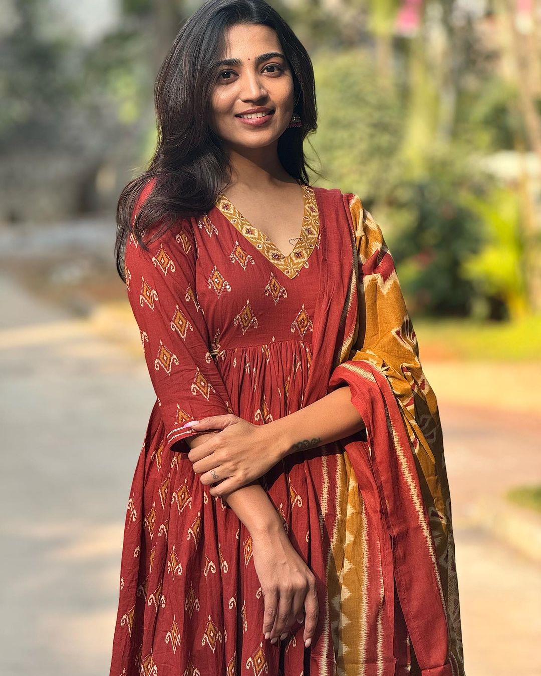 Honey Red Printed Kurta And Pant Set With Dupatta