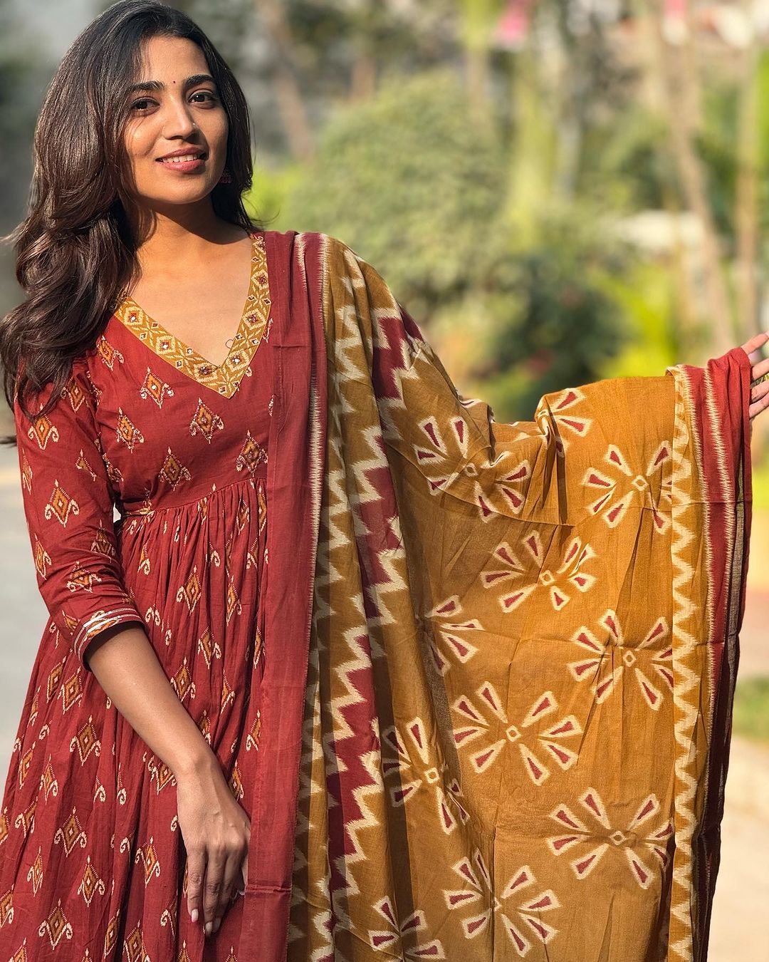 Honey Red Printed Kurta And Pant Set With Dupatta