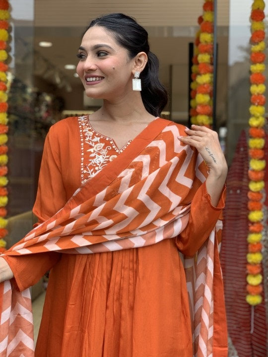 Orange Anarkali Kurta And Pant Set With Dupatta
