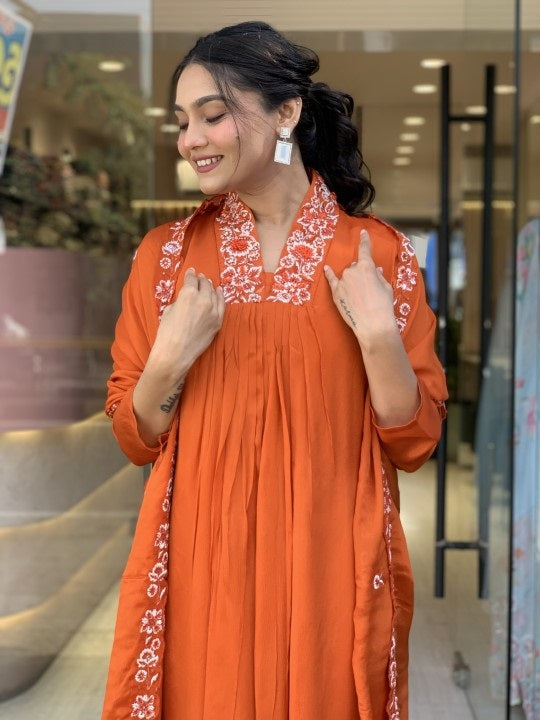 Orange Anarkali Kurta And Pant Set With Dupatta