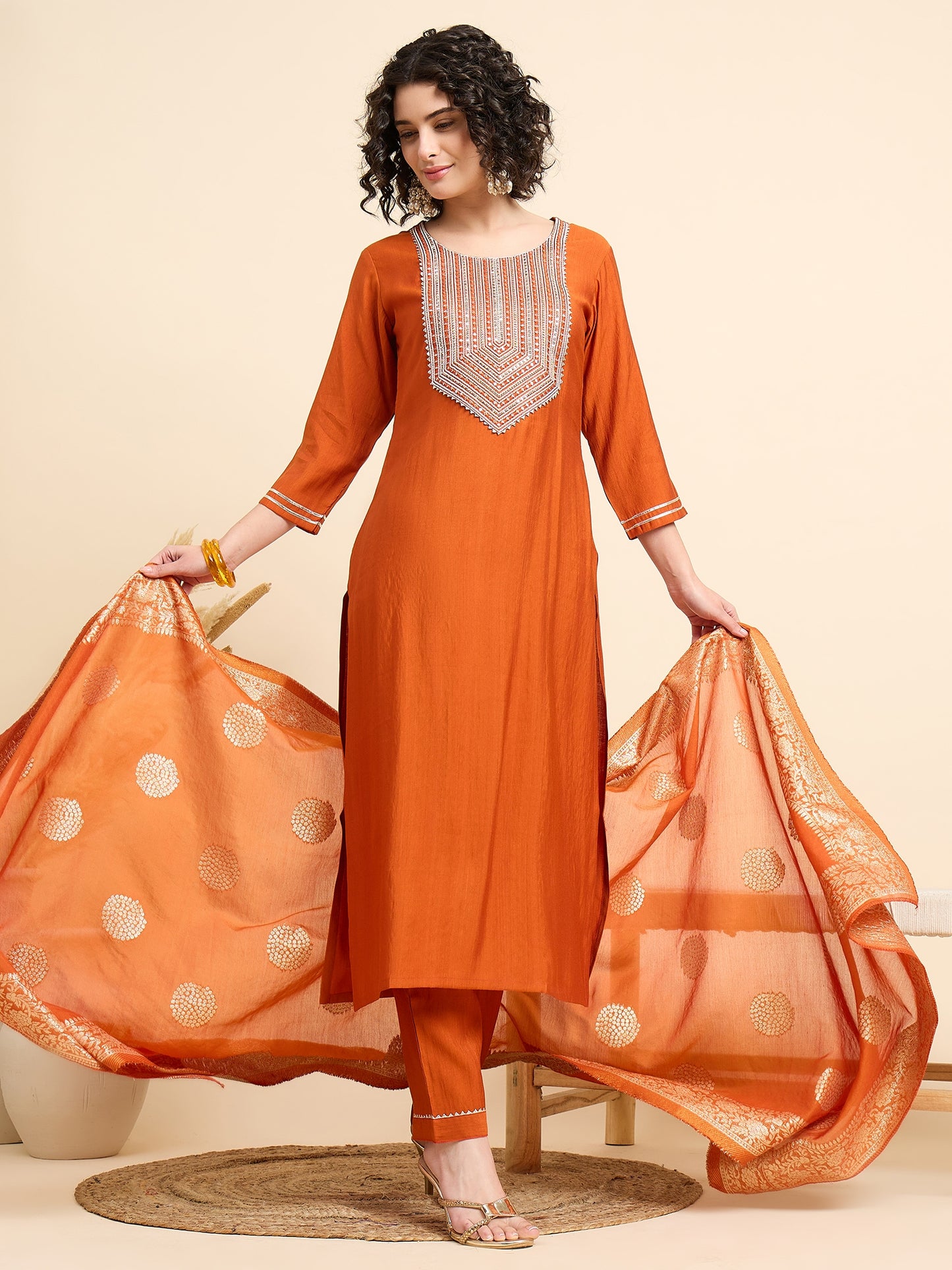 Women Embroidered Straight Orange Kurta And Pant set with Dupatta