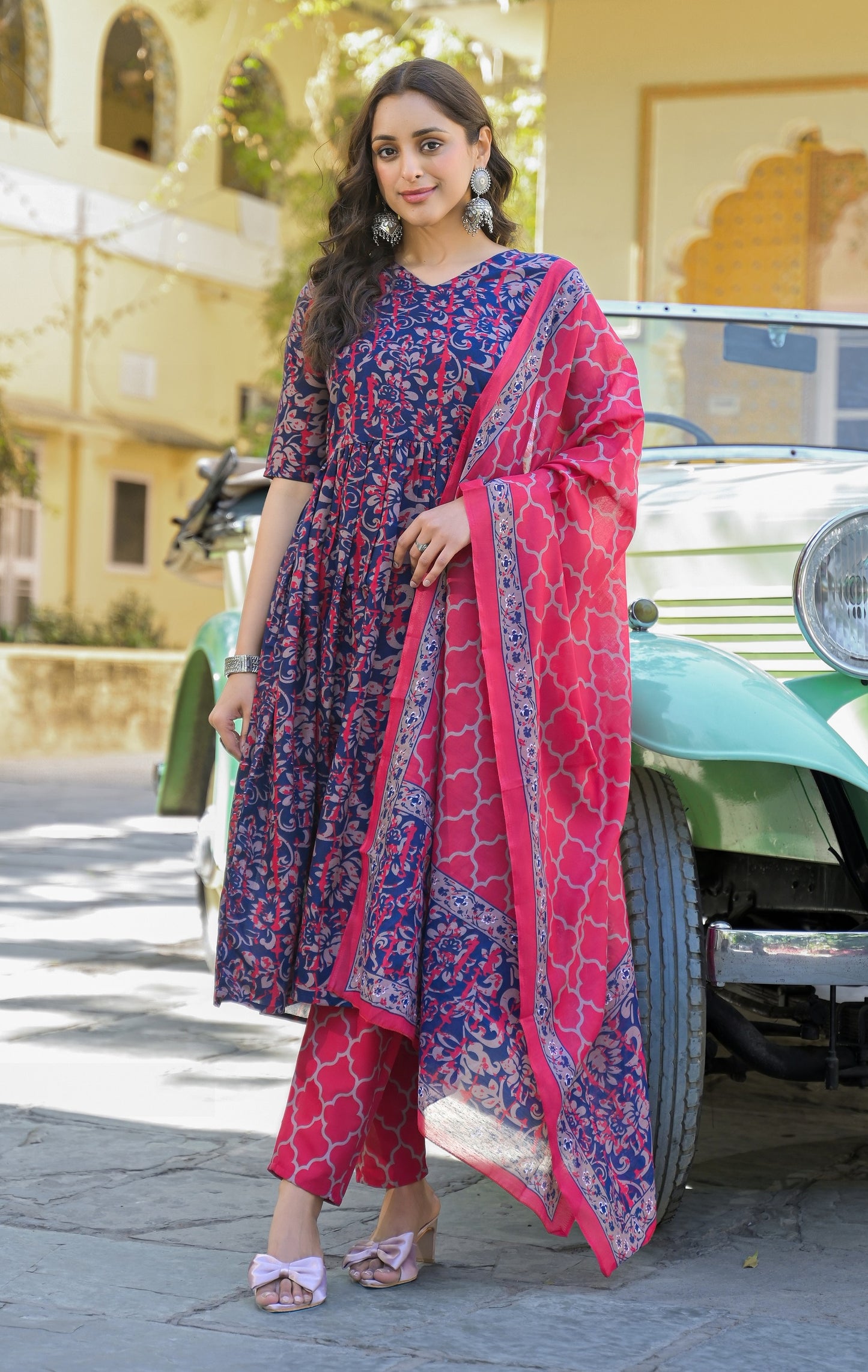 Navy Blue Anarkali Kurta And Pant Set With Dupatta