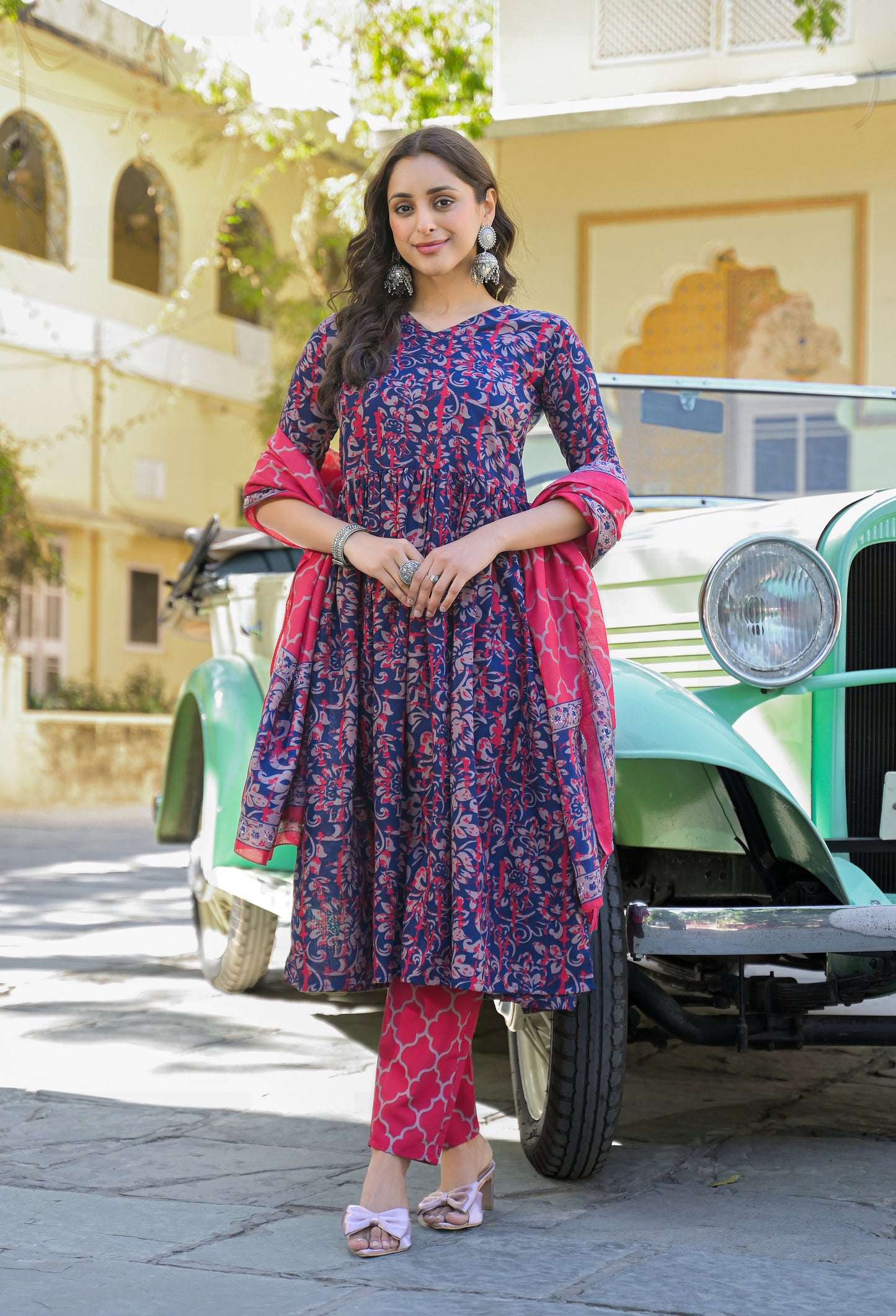 Navy Blue Anarkali Kurta And Pant Set With Dupatta