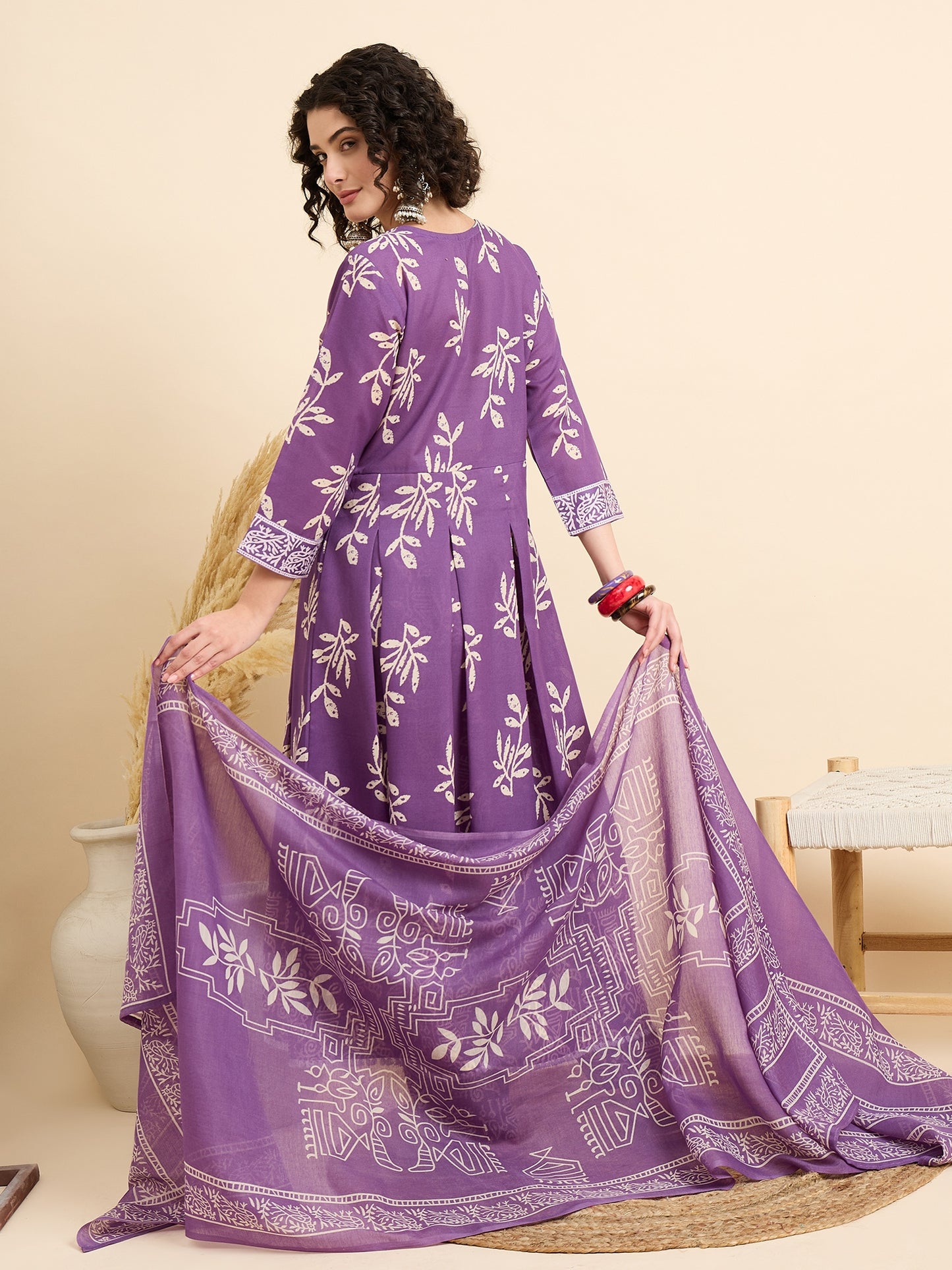 Purple Anarkali Kurta And Pant Set With Dupatta