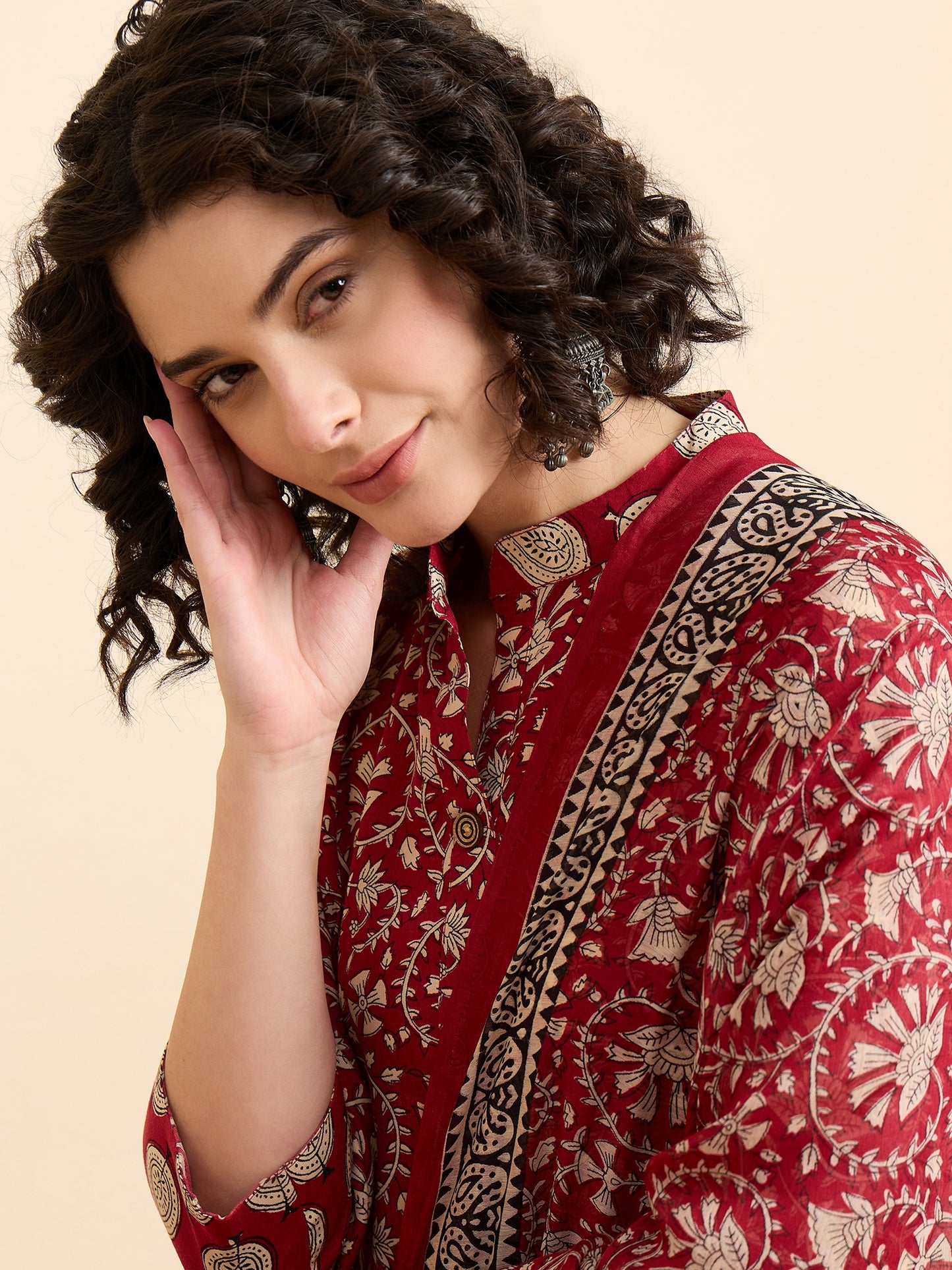 Mandarin Collar Red Anarkali Kurta And Pant Set With Dupatta