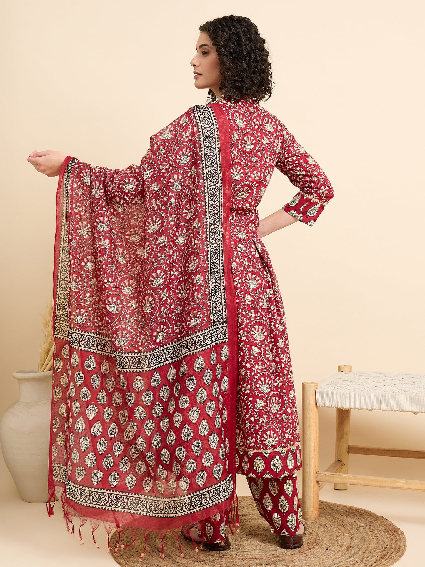 Mandarin Collar Red Anarkali Kurta And Pant Set With Dupatta