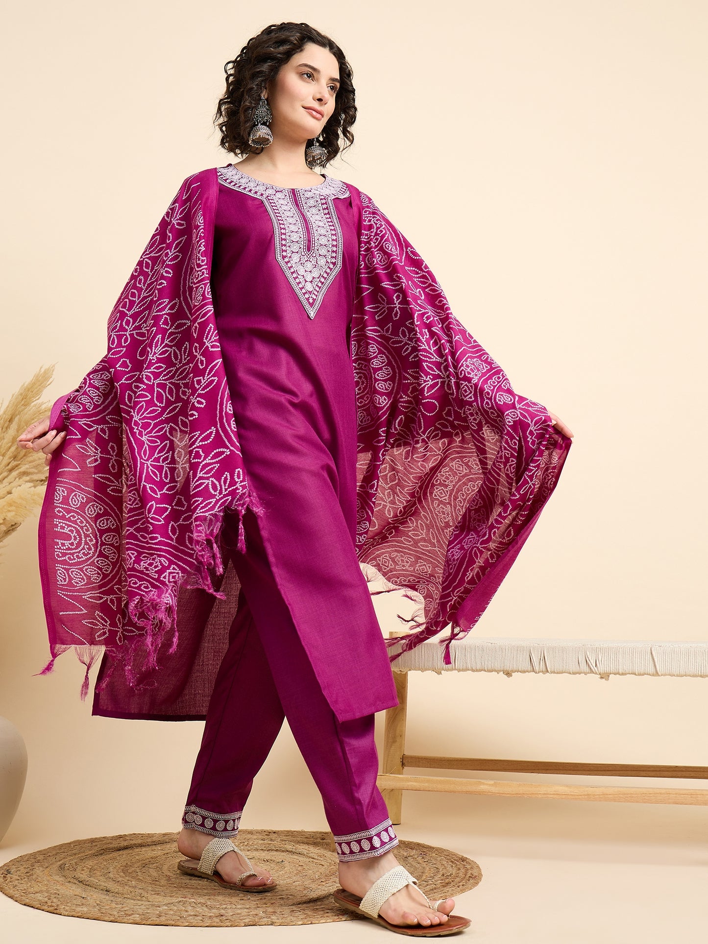 Embroidered Straight Pink Kurta And Pant set with Dupatta