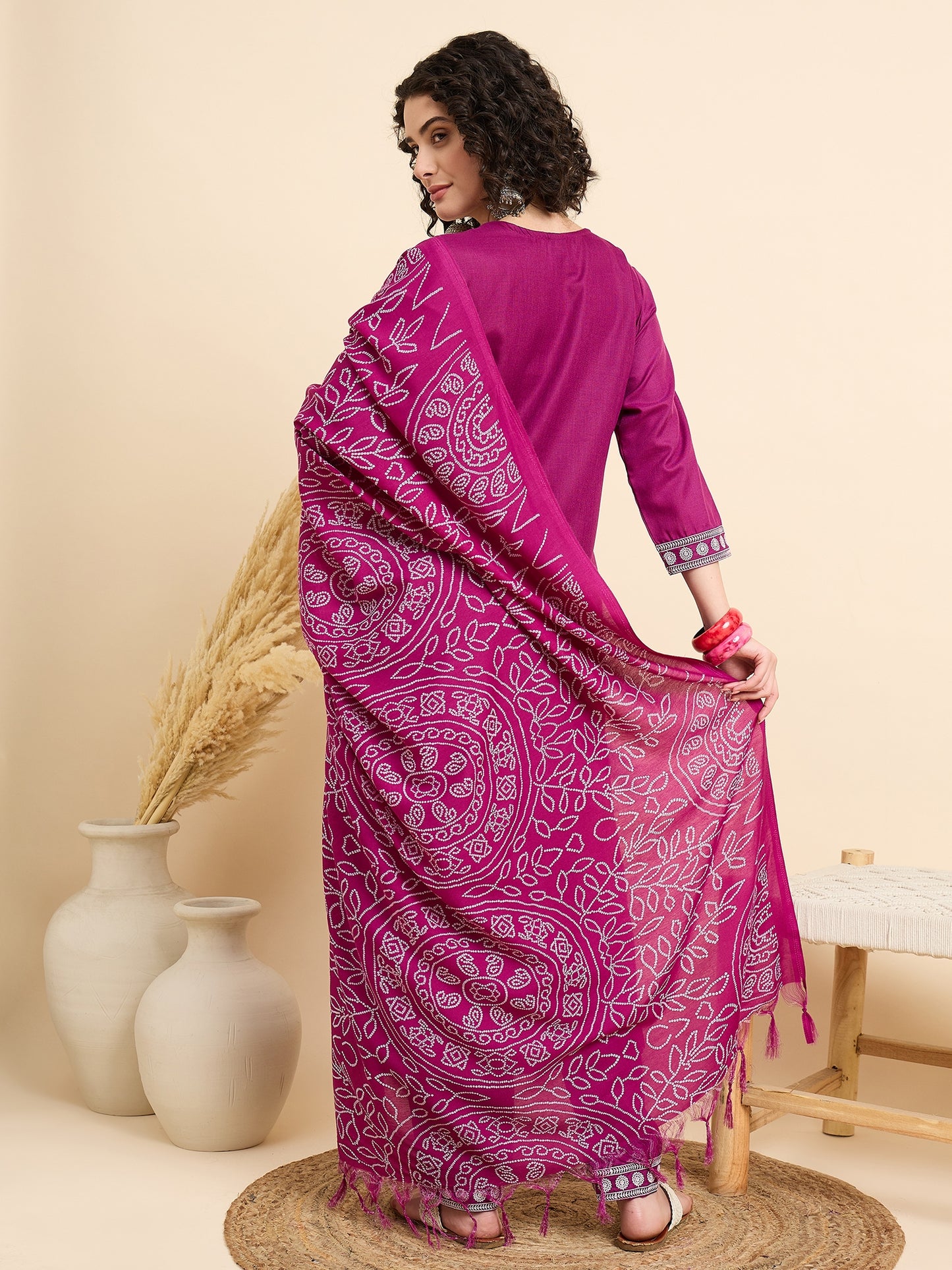 Embroidered Straight Pink Kurta And Pant set with Dupatta