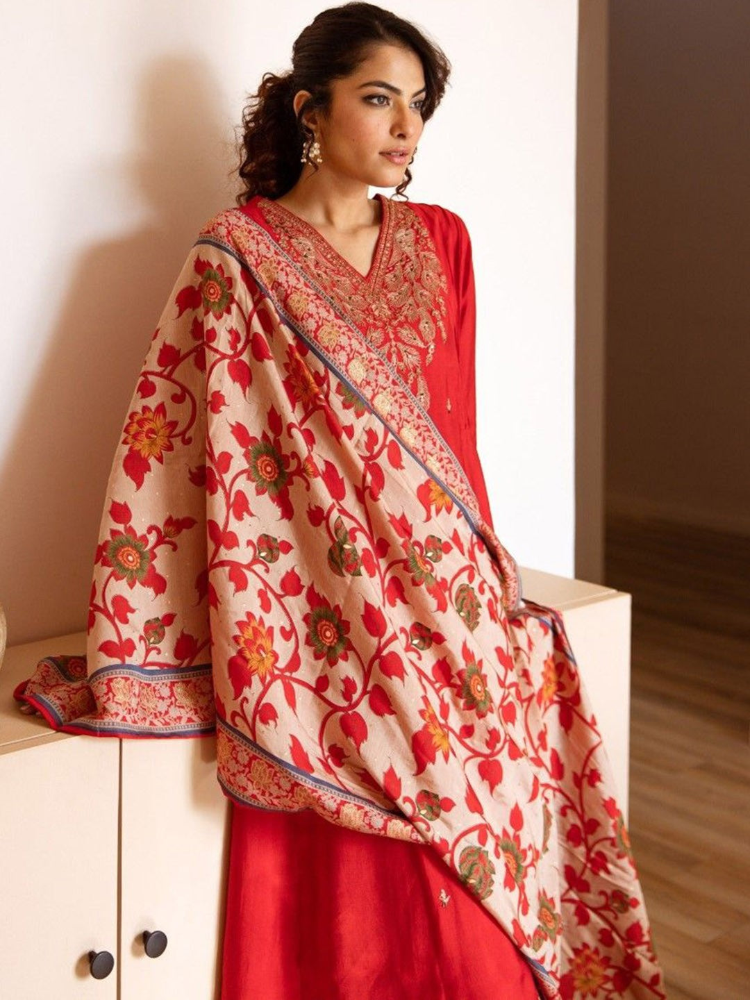 Red Anarkali Kurta And Pant Set With Dupatta