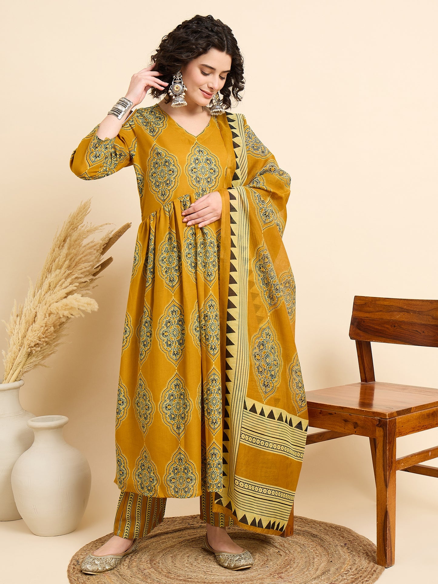 Yellow Anarkali Kurta And Pant Set With Dupatta
