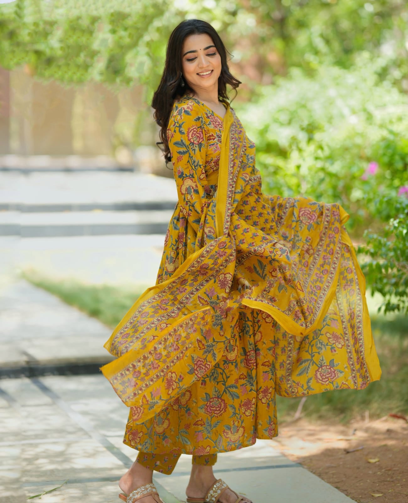 Yellow Anarkali Kurta And Pant Set With Dupatta