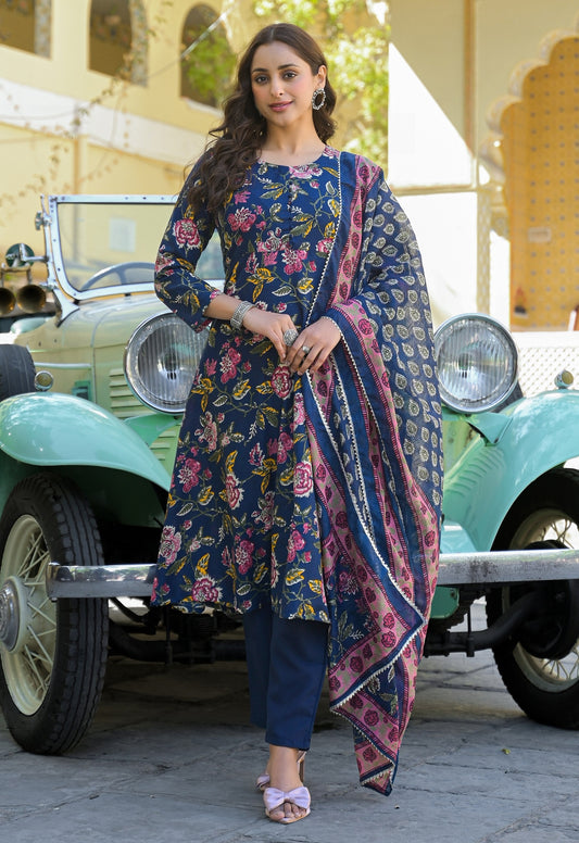 Blue Anarkali Kurta And Pant Set With Dupatta