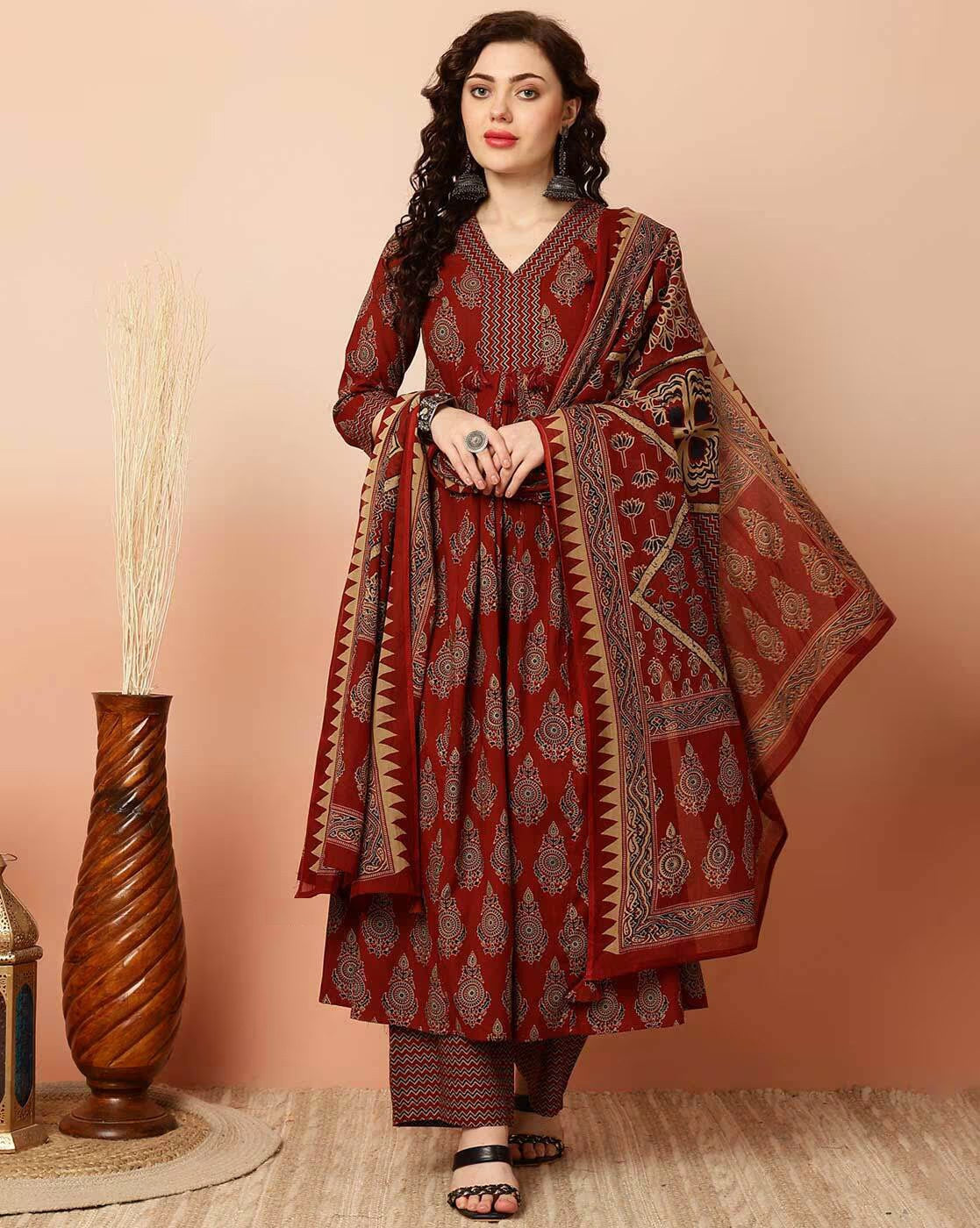 A-Line Red Kurta And Pant Set With Dupatta