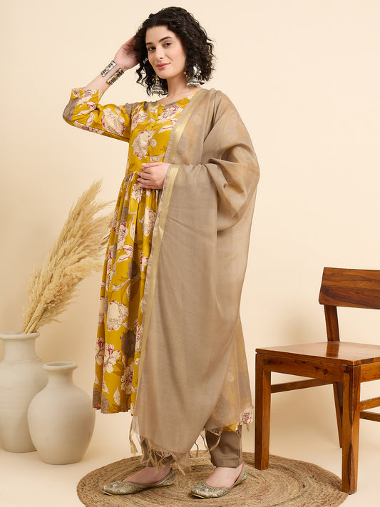 Yellow Anarkali Kurta And Pant Set With Dupatta