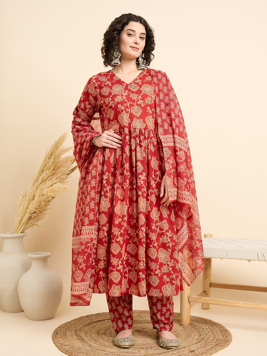Red Anarkali Kurta And Pant Set With Dupatta