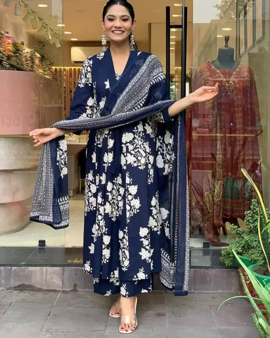 Blue Straight Kurta And Pant Set With Dupatta