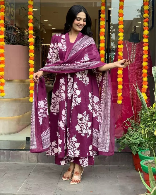 Purple Straight Kurta And Pant Set With Dupatta