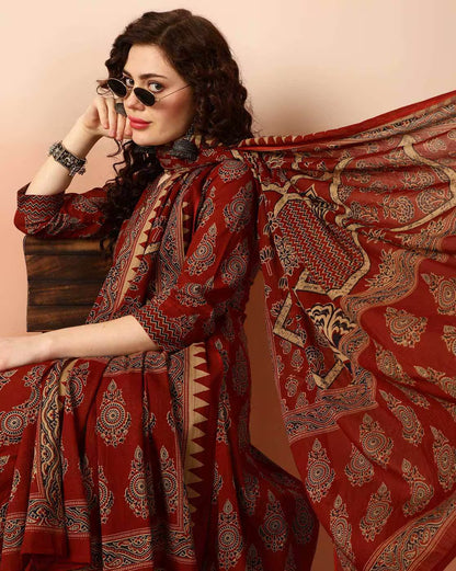 A-Line Red Kurta And Pant Set With Dupatta
