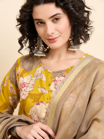 Yellow Anarkali Kurta And Pant Set With Dupatta