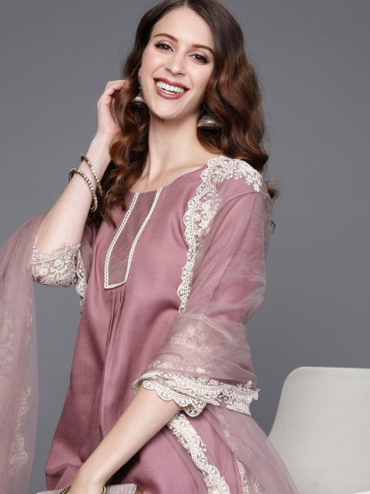 Pink Anarkali Kurta And Pant Set With Dupatta