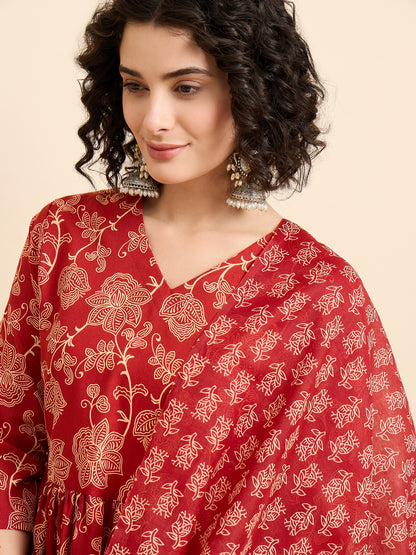 Red Anarkali Kurta And Pant Set With Dupatta