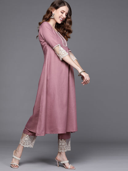 Pink Anarkali Kurta And Pant Set With Dupatta