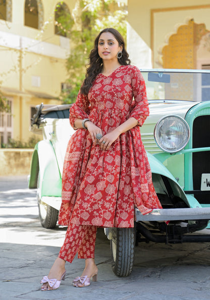 Red Anarkali Kurta And Pant Set With Dupatta