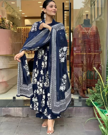 Blue Straight Kurta And Pant Set With Dupatta