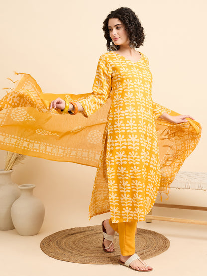 Yellow Straight Kurta And Pant Set With Dupatta